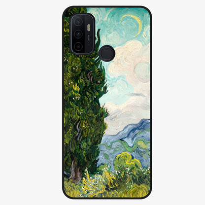 Van Gogh Vintage Art Glass Case showing flat back view with vintage painterly artwork inspired by Van Gogh style and glossy glass finish.