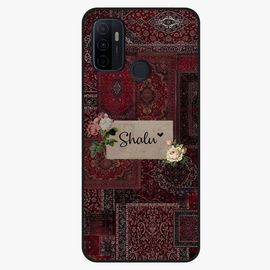 Velvet Wine Pattern Custom Name Glass Case showing flat back view with elegant wine colored pattern artwork and personalized name design.