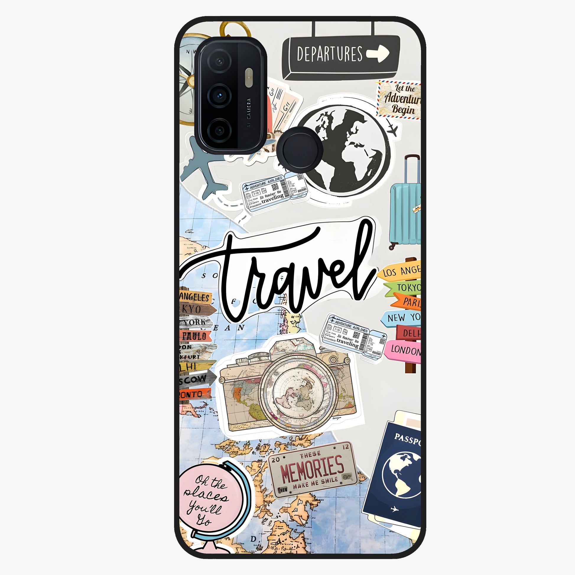 Wanderlust Journal Glass Case showing flat back view with travel inspired artwork and glossy glass finish.