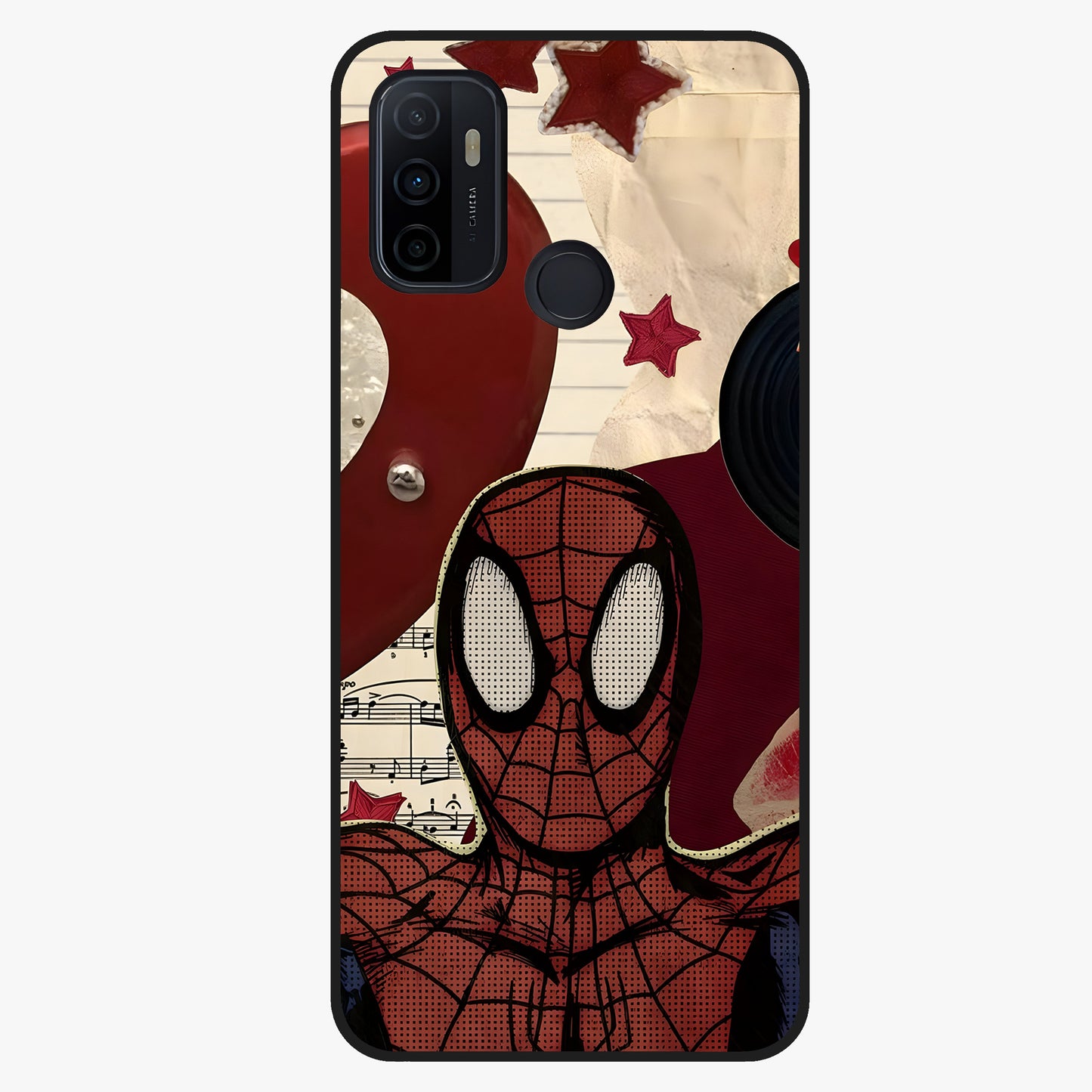 Web Warrior Vibes Glass Case showing flat back view with superhero inspired web themed artwork and glossy glass finish.