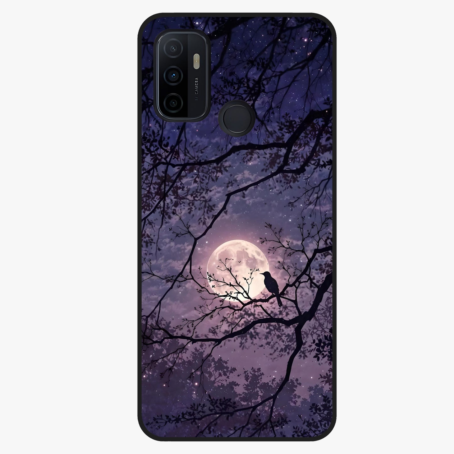 Whispering Moon Silence Glass Case showing flat back view with serene moon themed artwork and glossy glass finish.