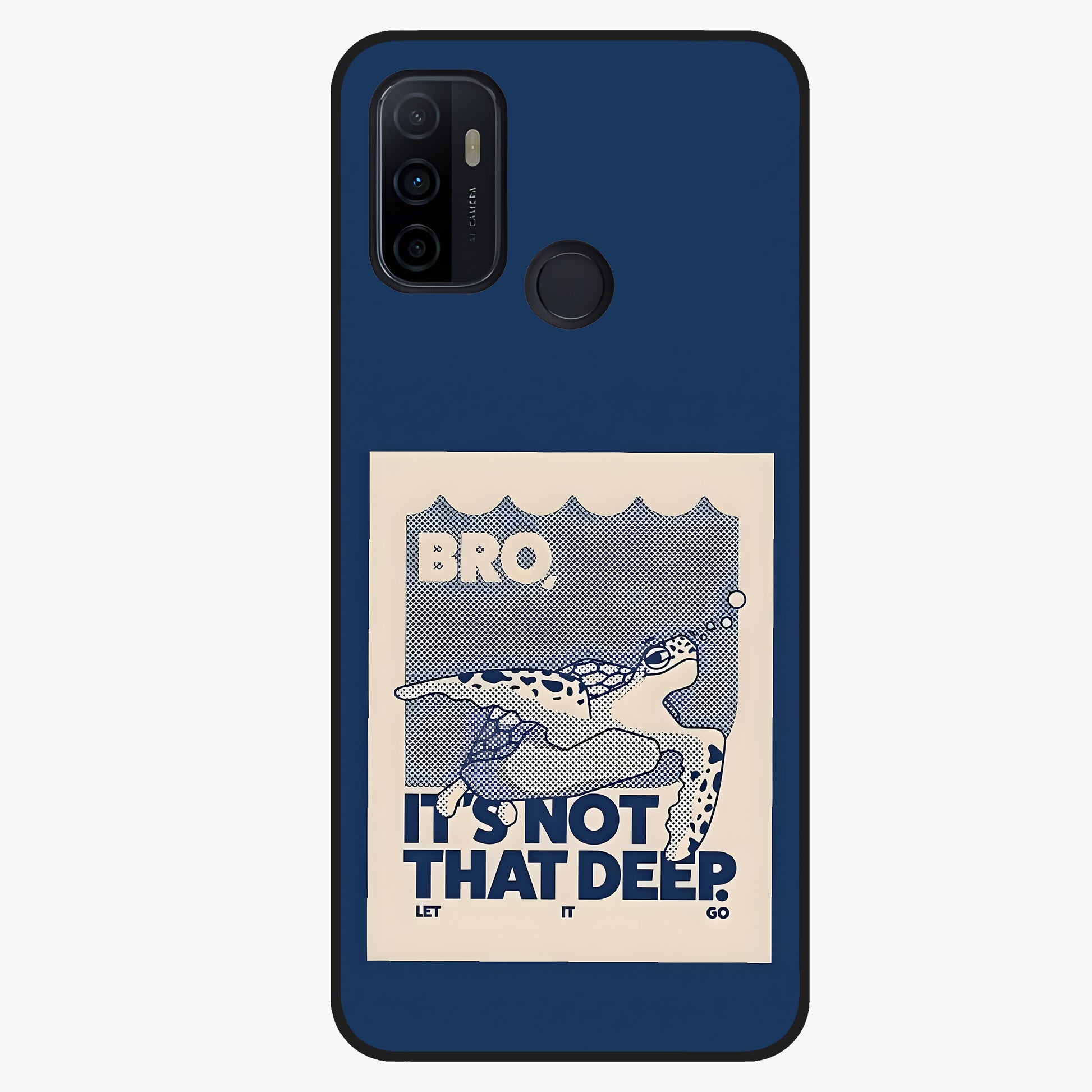 Worry Less Swim Glass Case showing flat back view with playful motivational artwork and glossy glass finish.