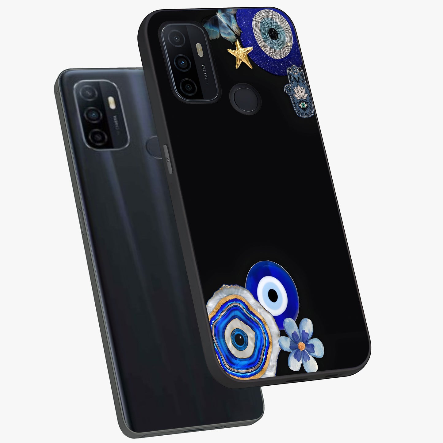 Aesthetic Blue Evil Eye Glass Case displayed in angled mockup highlighting blue evil eye symbol and spiritual aesthetic design.