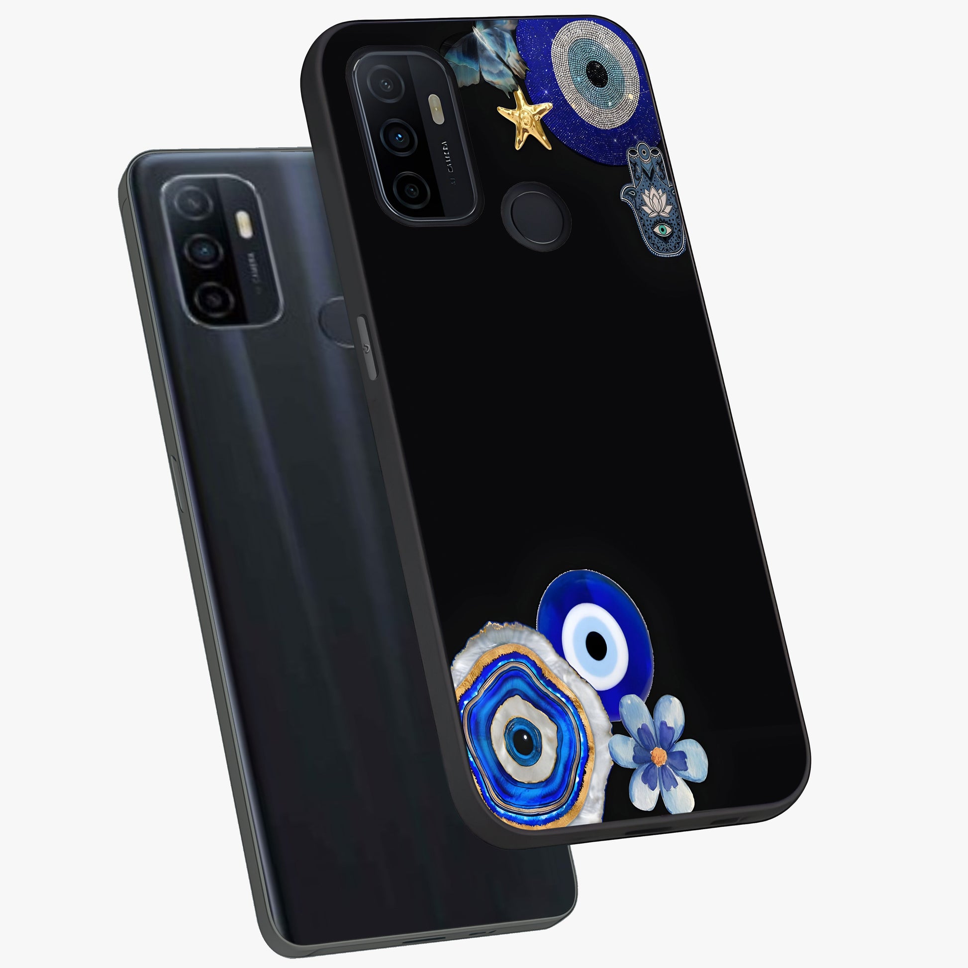 Aesthetic Blue Evil Eye Glass Case displayed in angled mockup highlighting blue evil eye symbol and spiritual aesthetic design.