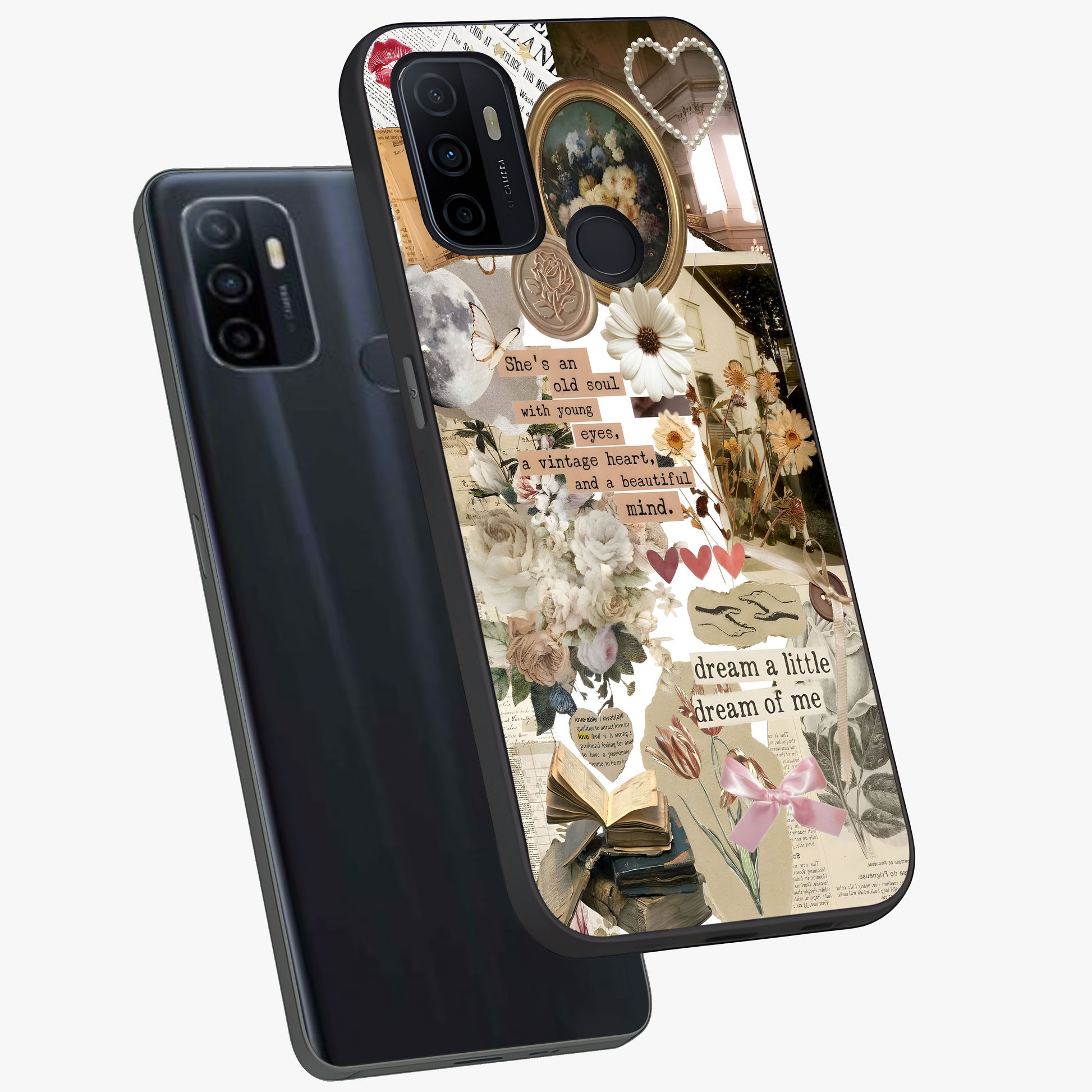 Aesthetic Brown Vintage Collage Glass Case displayed in angled mockup highlighting vintage aesthetic collage design.