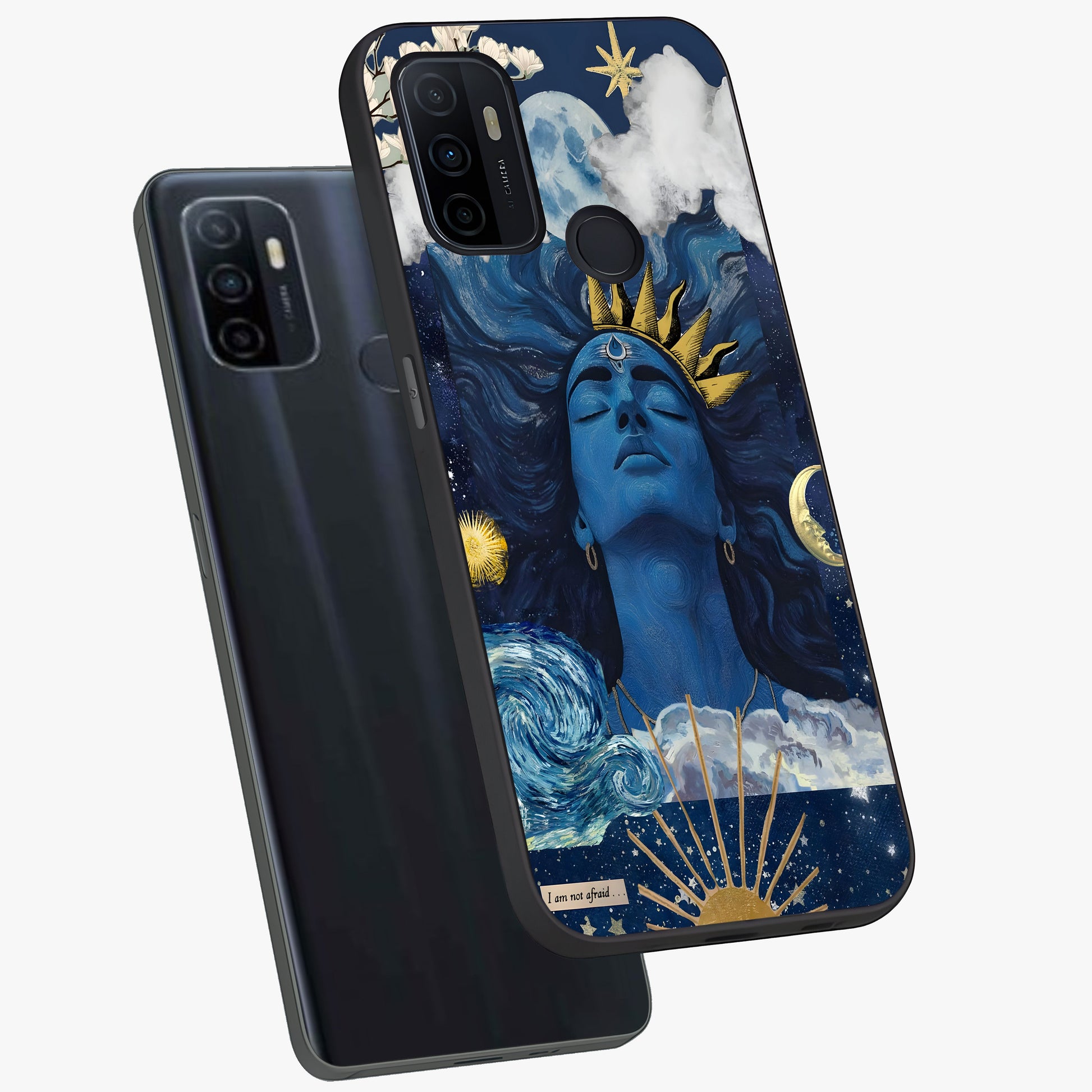 Aesthetic Lord Shiva Glass Case displayed in angled mockup highlighting spiritual Shiva illustration and sacred aesthetic design.