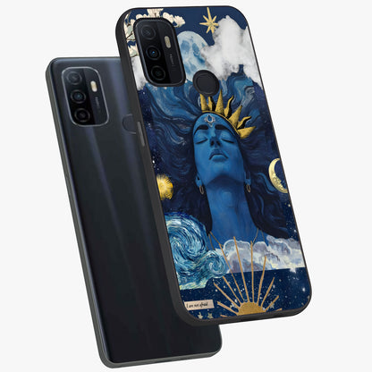 Aesthetic Lord Shiva Glass Case displayed in angled mockup highlighting spiritual Shiva illustration and sacred aesthetic design.