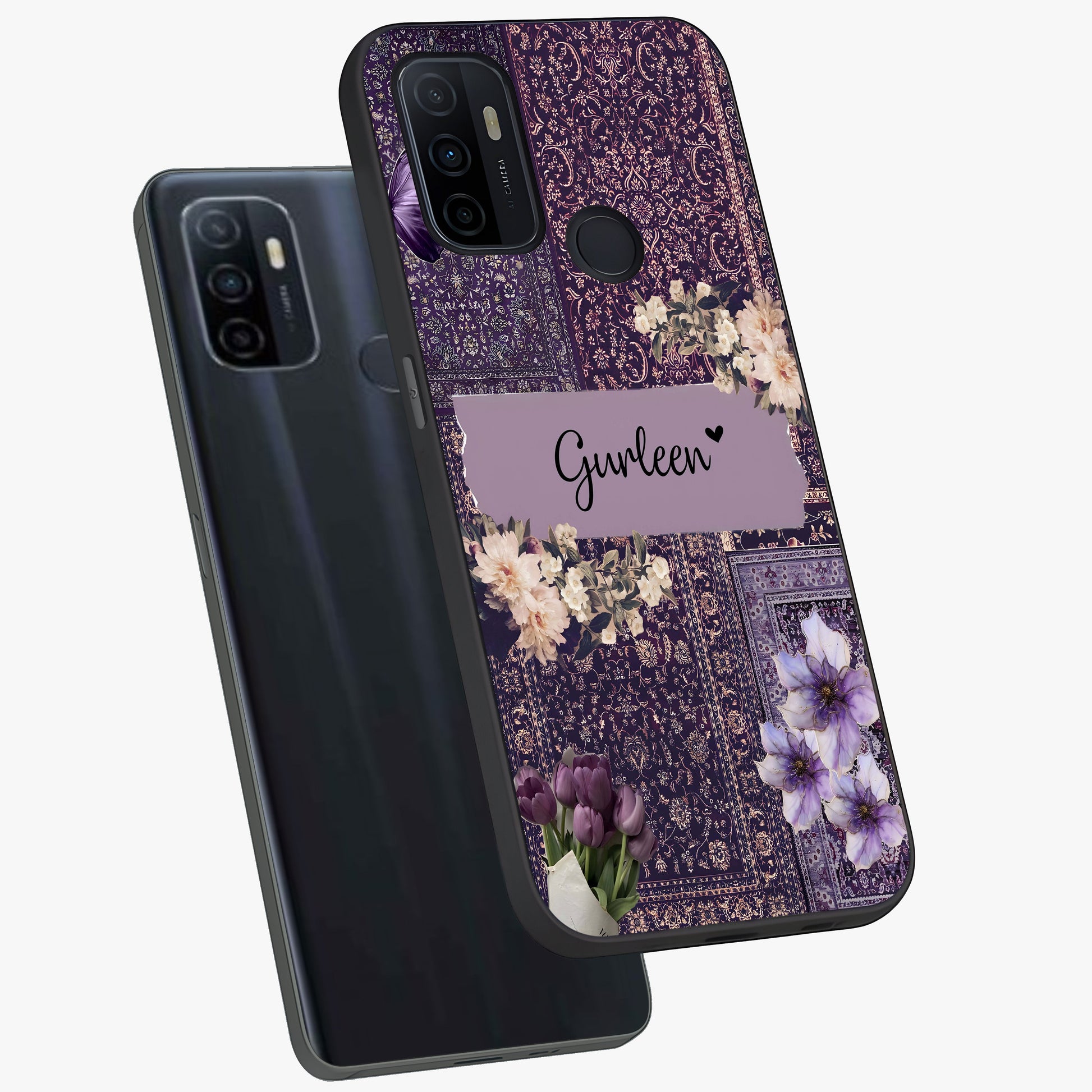 Antique Floral Whisper Custom Name Glass Case displayed in angled mockup highlighting elegant antique floral aesthetic.