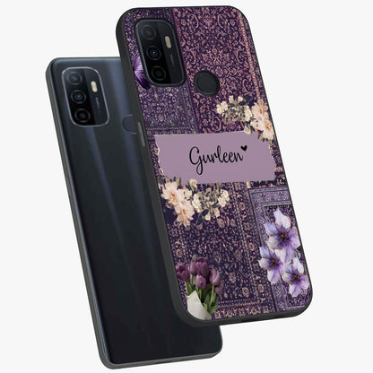Antique Floral Whisper Custom Name Glass Case displayed in angled mockup highlighting elegant antique floral aesthetic.
