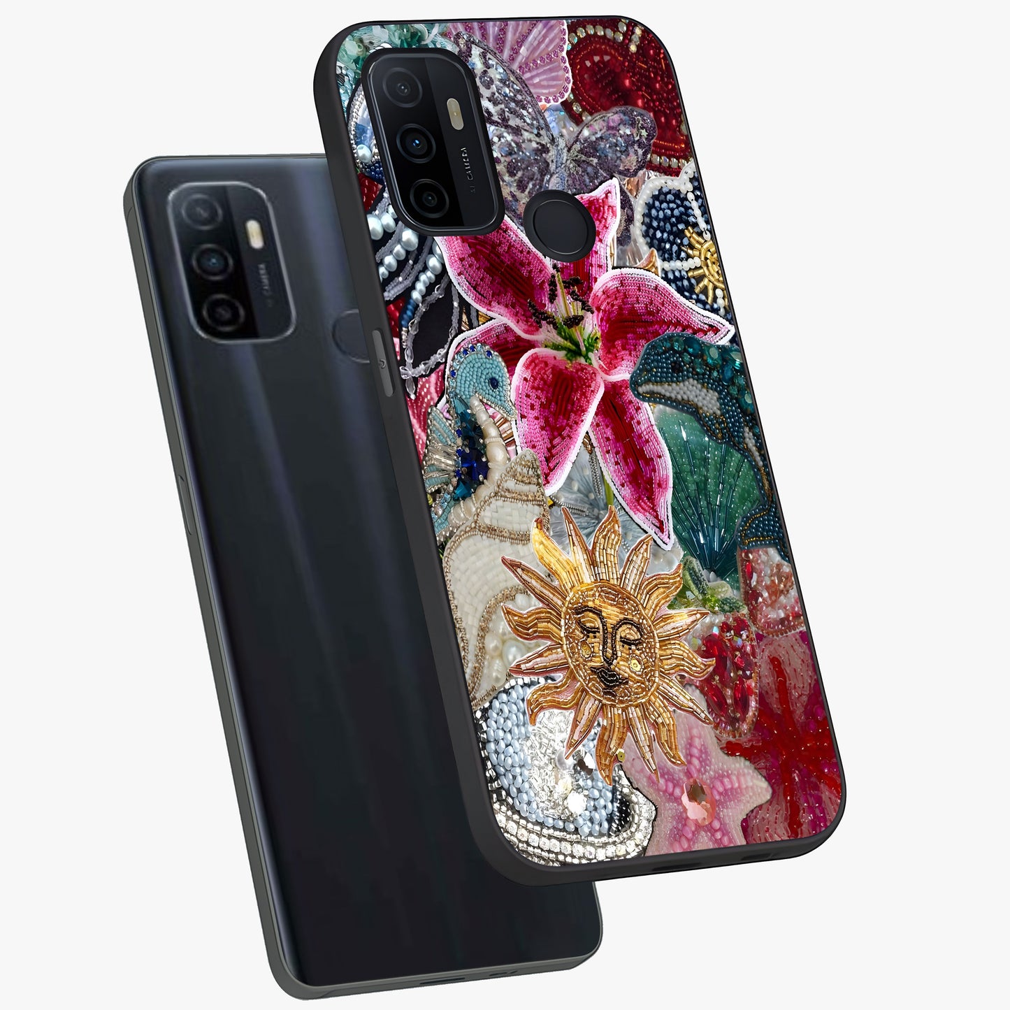Beaded Garden Fantasy Glass Case displayed in angled mockup highlighting fantasy inspired floral bead pattern.