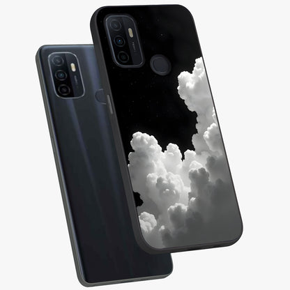 Black Background With White Cloud Glass Case displayed in angled mockup highlighting soft white cloud illustration and minimal design.