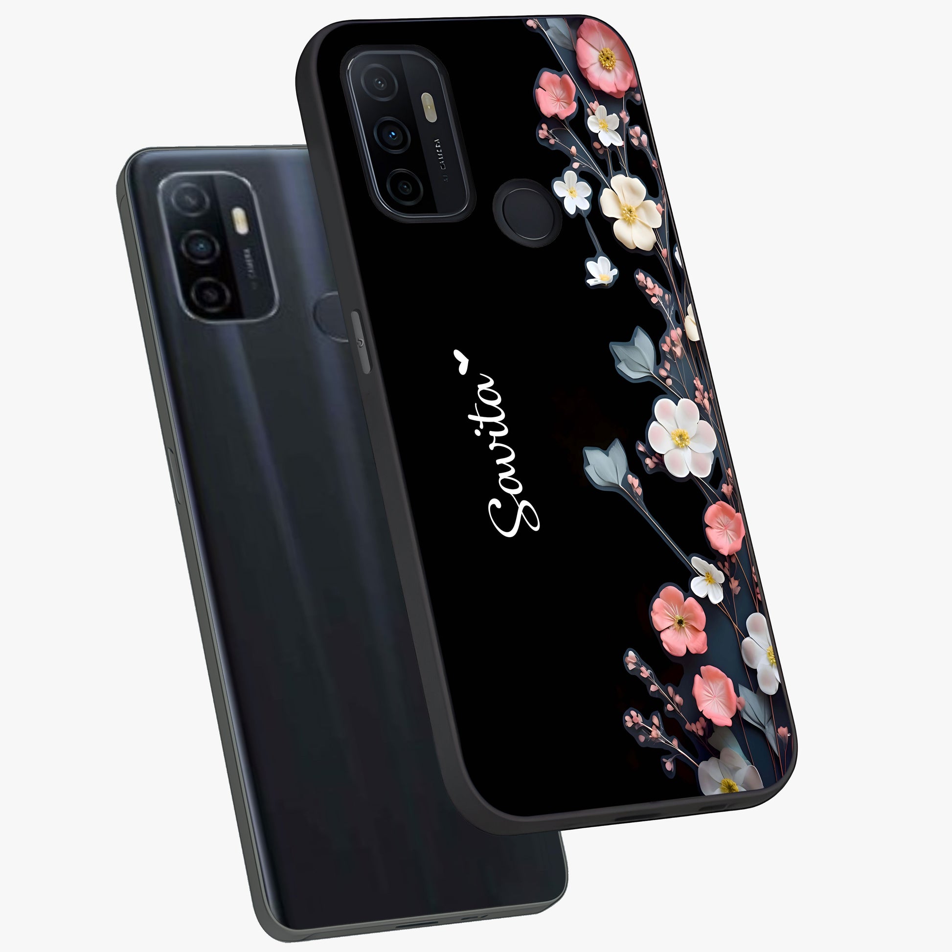 Black Elegance Floral Custom Name Glass Case displayed in angled mockup highlighting dark floral aesthetic and custom name feature.