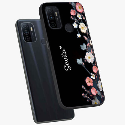 Black Elegance Floral Custom Name Glass Case displayed in angled mockup highlighting dark floral aesthetic and custom name feature.