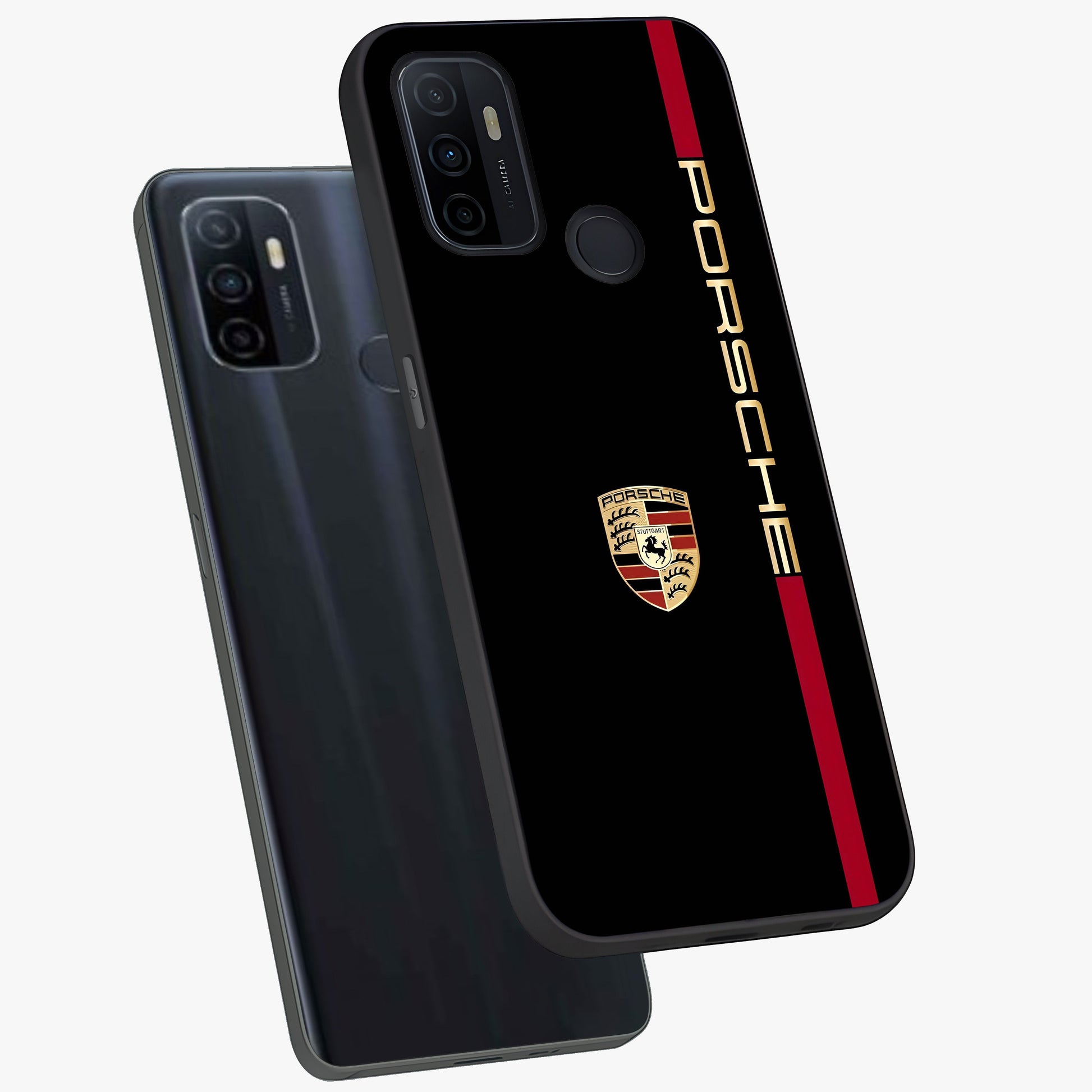 Black Minimal Porsche Glass Case displayed in angled mockup highlighting modern minimal car illustration and clean aesthetic design.