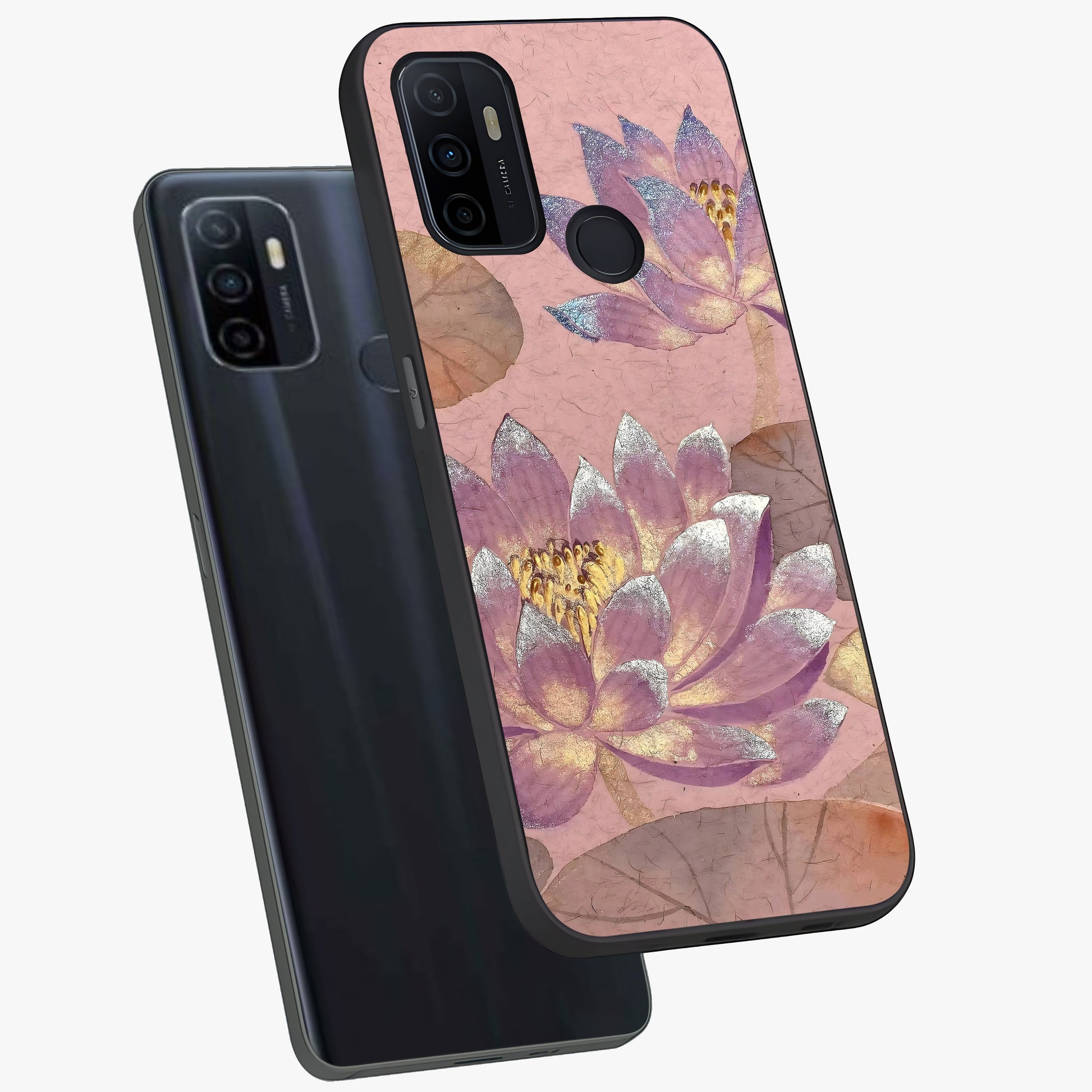 Blossom Mist Lotus Glass Case displayed in angled mockup highlighting delicate lotus illustration with calm aesthetic theme.