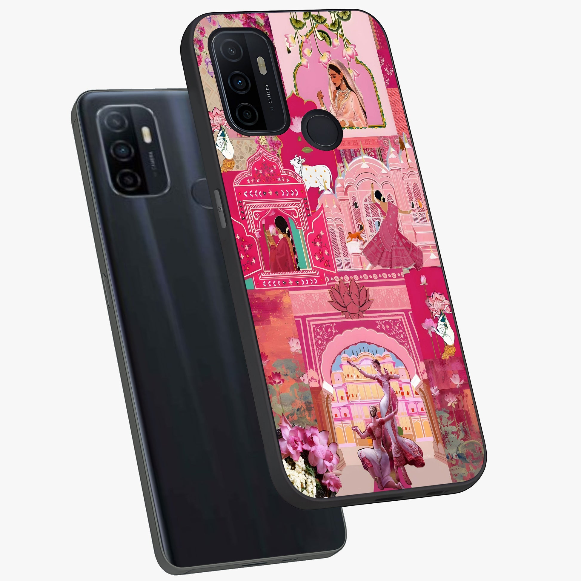 Blossoms of Rajasthan Glass Case displayed in angled mockup highlighting vibrant floral pattern with cultural aesthetic style.