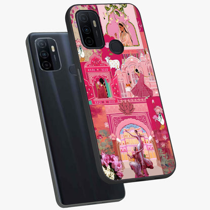 Blossoms of Rajasthan Glass Case displayed in angled mockup highlighting vibrant floral pattern with cultural aesthetic style.