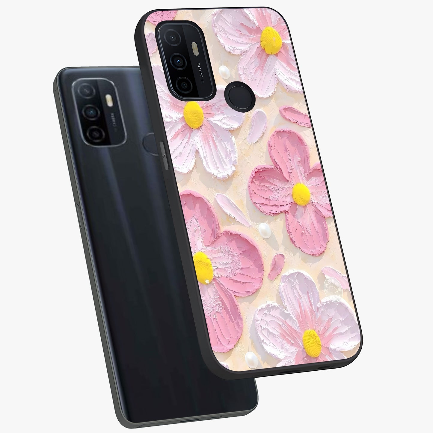 Blush Bloom Texture Glass Case displayed in angled mockup highlighting subtle bloom pattern with aesthetic pastel design.