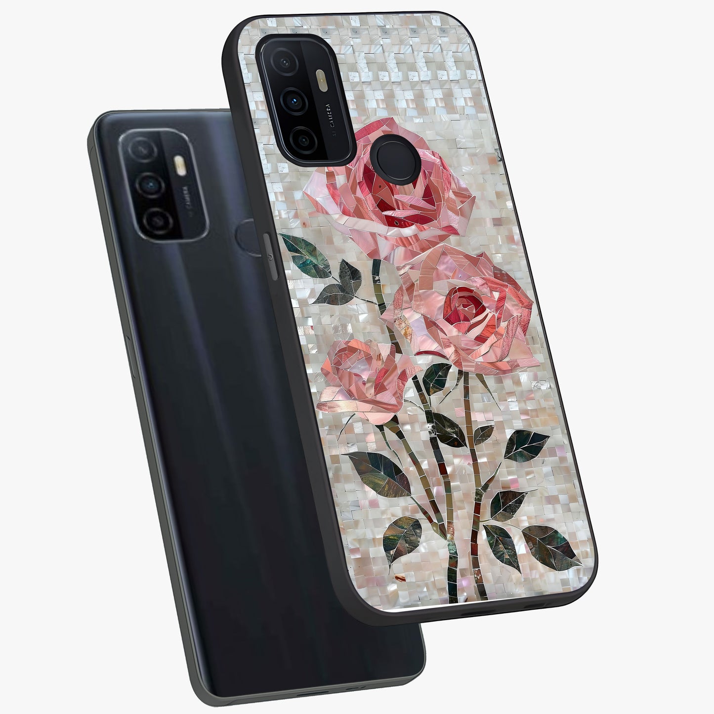 Blush Mosaic Bloom Glass Case displayed in angled mockup highlighting artistic mosaic flower pattern with aesthetic design.