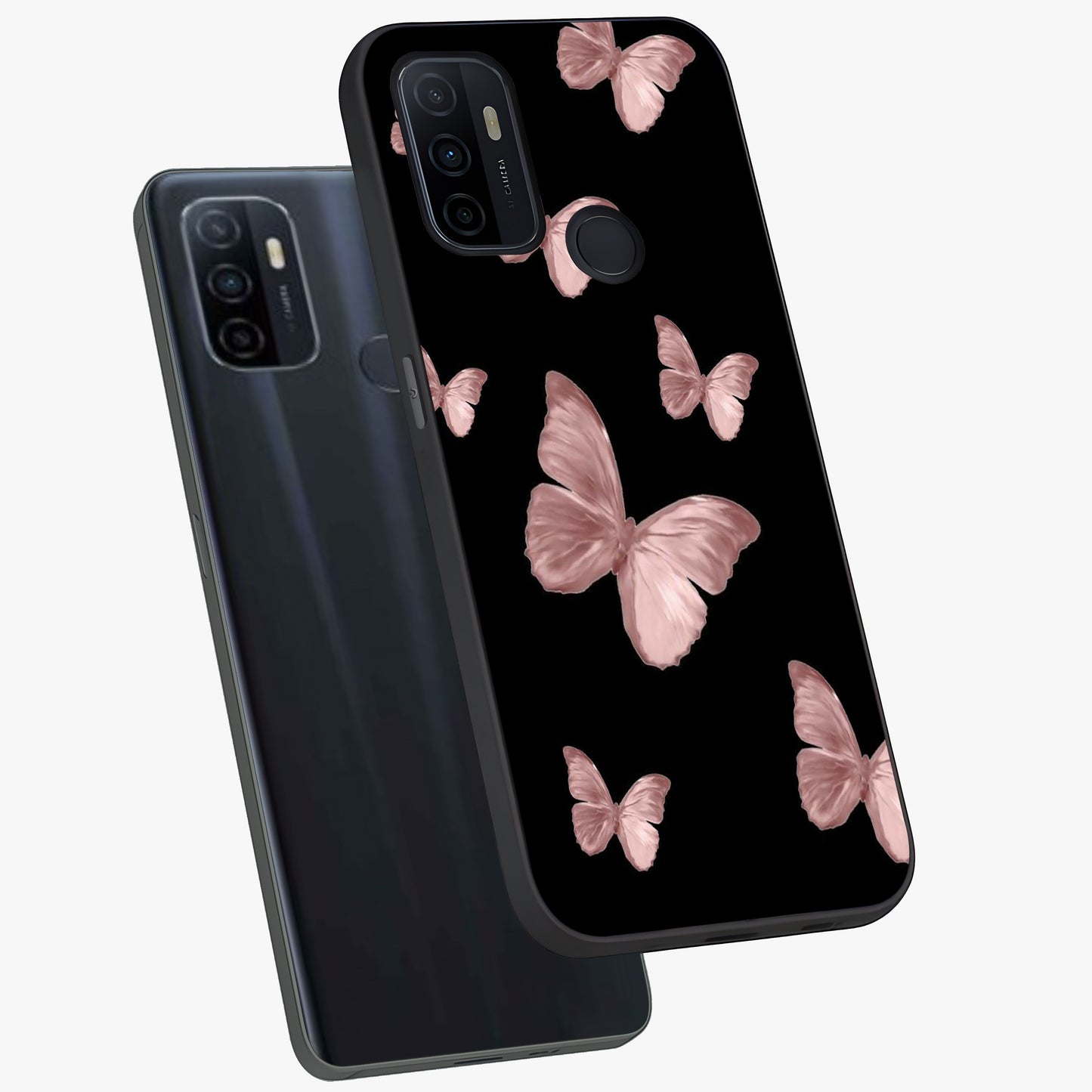 Butterfly Pattern Glass Case displayed in angled mockup highlighting delicate butterfly design and aesthetic pattern style.