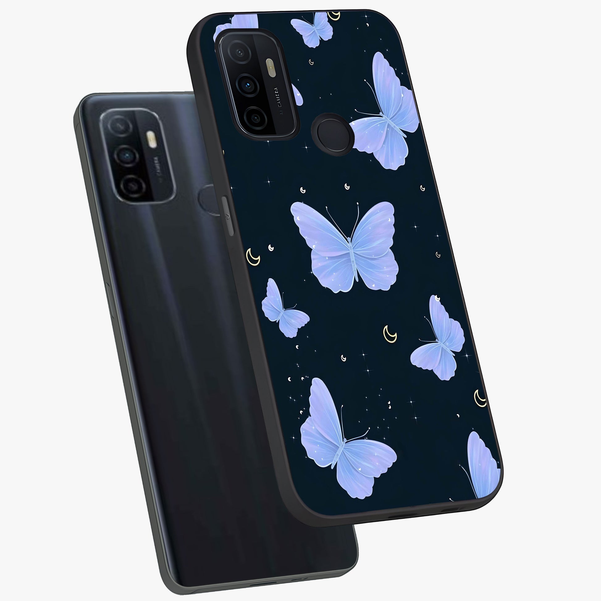 Butterfly With Stars Pattern Glass Case displayed in angled mockup highlighting dreamy butterfly and star design with aesthetic theme.