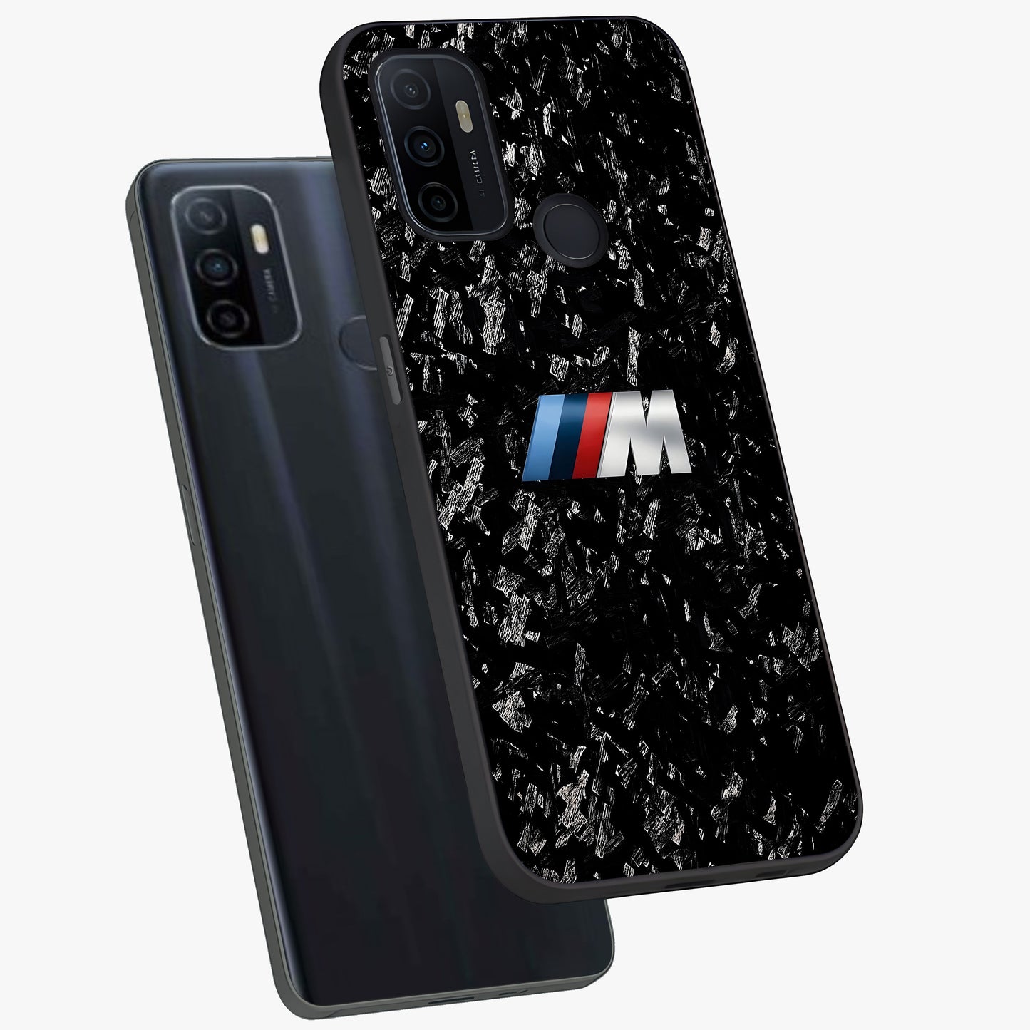 Carbon Speed Mark Glass Case displayed in angled mockup highlighting racing inspired carbon design and sleek aesthetic style.
