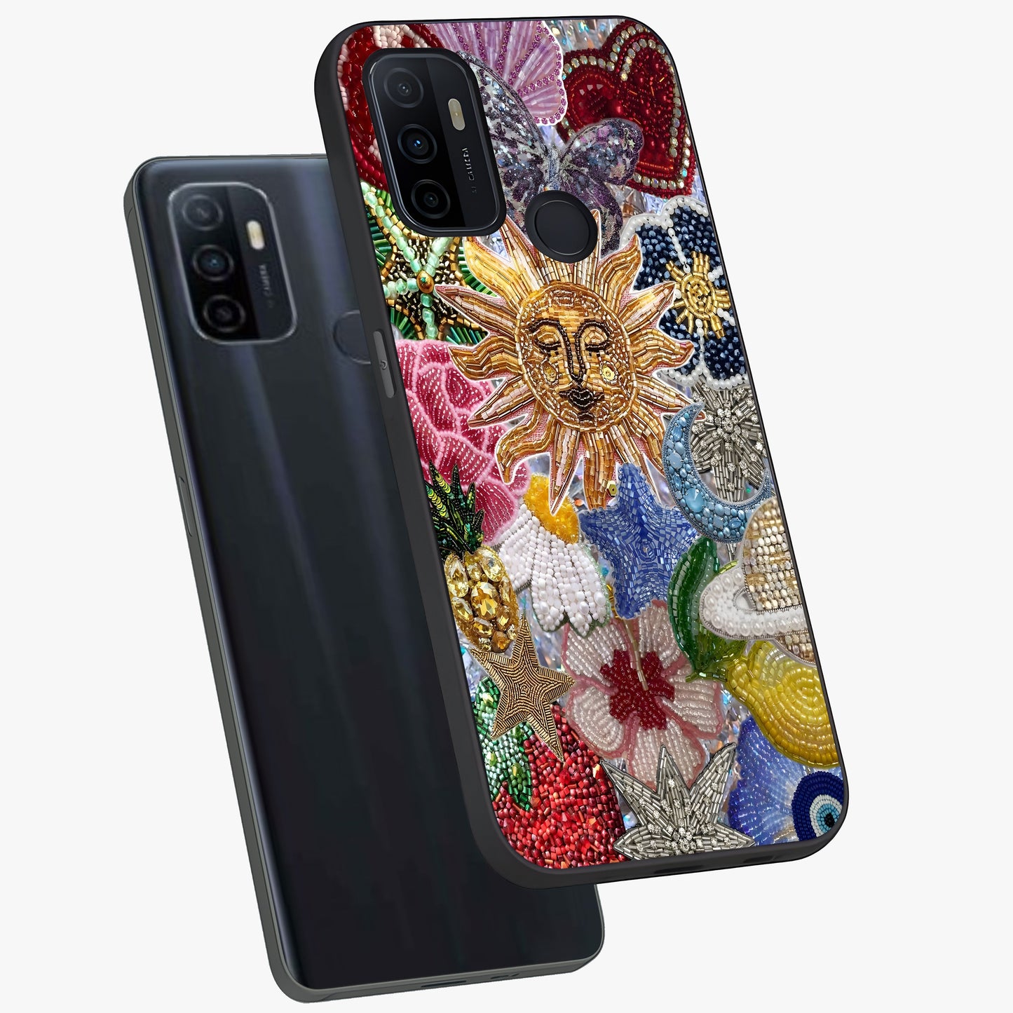 Celestial Floral and Playful Glass Case displayed in angled mockup highlighting playful floral design with dreamy celestial elements.