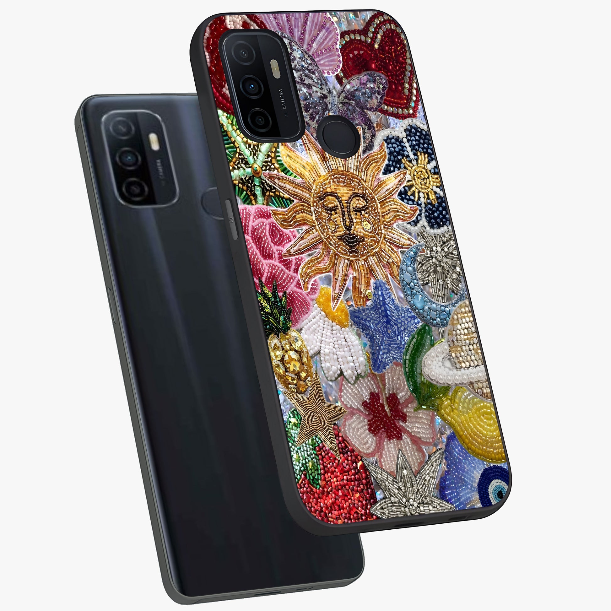 Celestial Floral and Playful Glass Case displayed in angled mockup highlighting playful floral design with dreamy celestial elements.