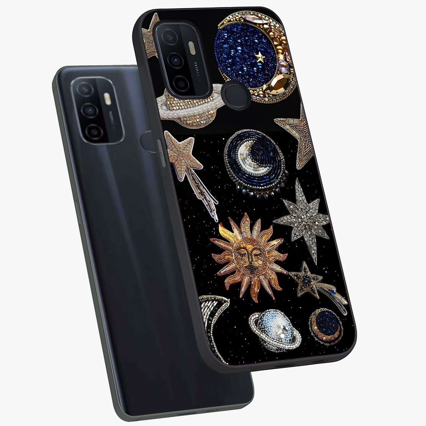 Celestial Gem Constellations Glass Case displayed in angled mockup highlighting gemstone inspired constellation design.