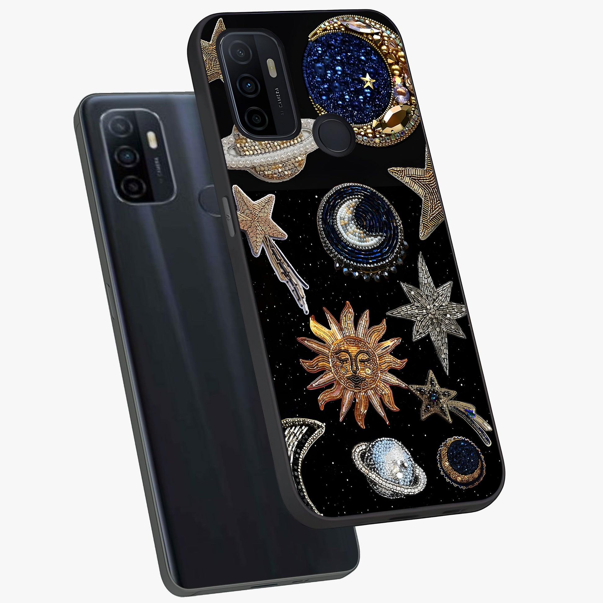 Celestial Gem Constellations Glass Case displayed in angled mockup highlighting gemstone inspired constellation design.