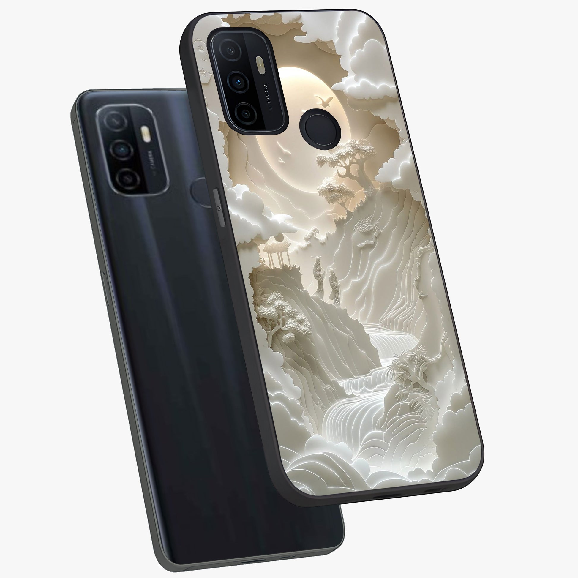 Celestial Origami Glass Case displayed in angled mockup highlighting geometric origami design with cosmic aesthetic theme.