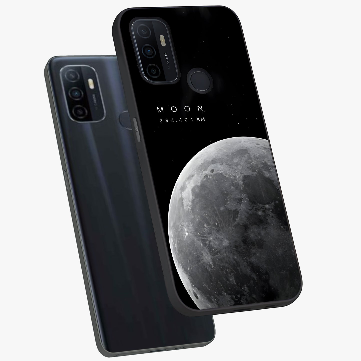 Cosmic Moon Glow Glass Case displayed in angled mockup highlighting celestial moon design with cosmic aesthetic theme.