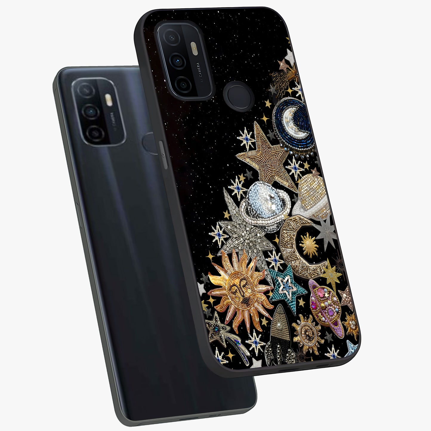 Cosmic Sparkle Dreams Glass Case displayed in angled mockup highlighting dreamy star sparkle design with celestial aesthetic.