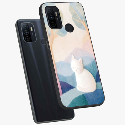 Cotton Dream Cat Glass Case displayed in angled mockup highlighting cute feline illustration with pastel aesthetic style.
