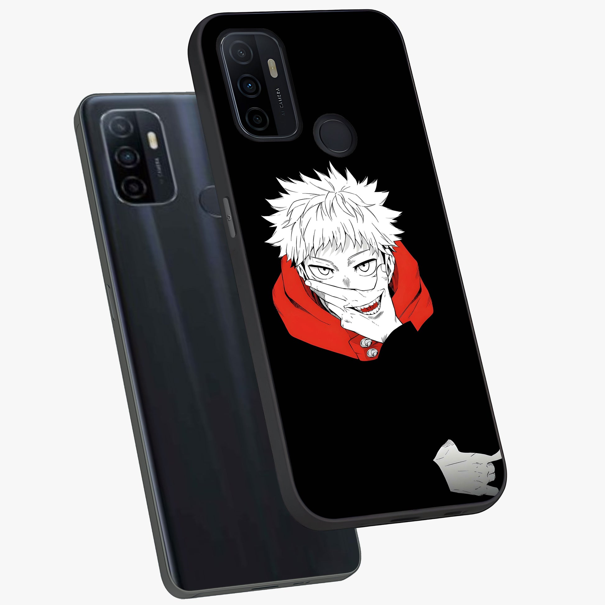 Crimson Chaos Smile Glass Case displayed in angled mockup highlighting edgy crimson smile design with graphic aesthetic.