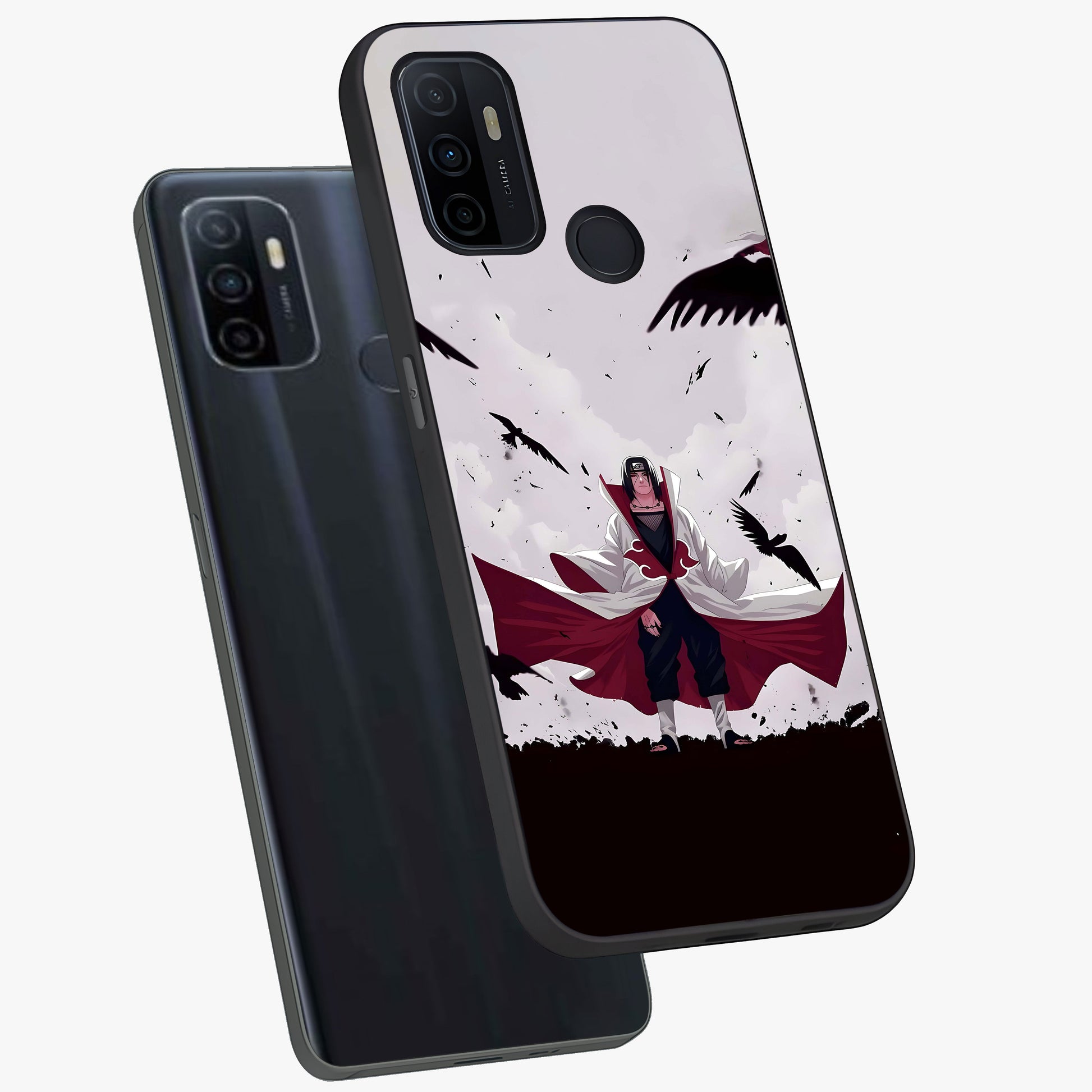Crimson Crow Ascension Glass Case displayed in angled mockup highlighting powerful crow illustration with dark crimson aesthetic.