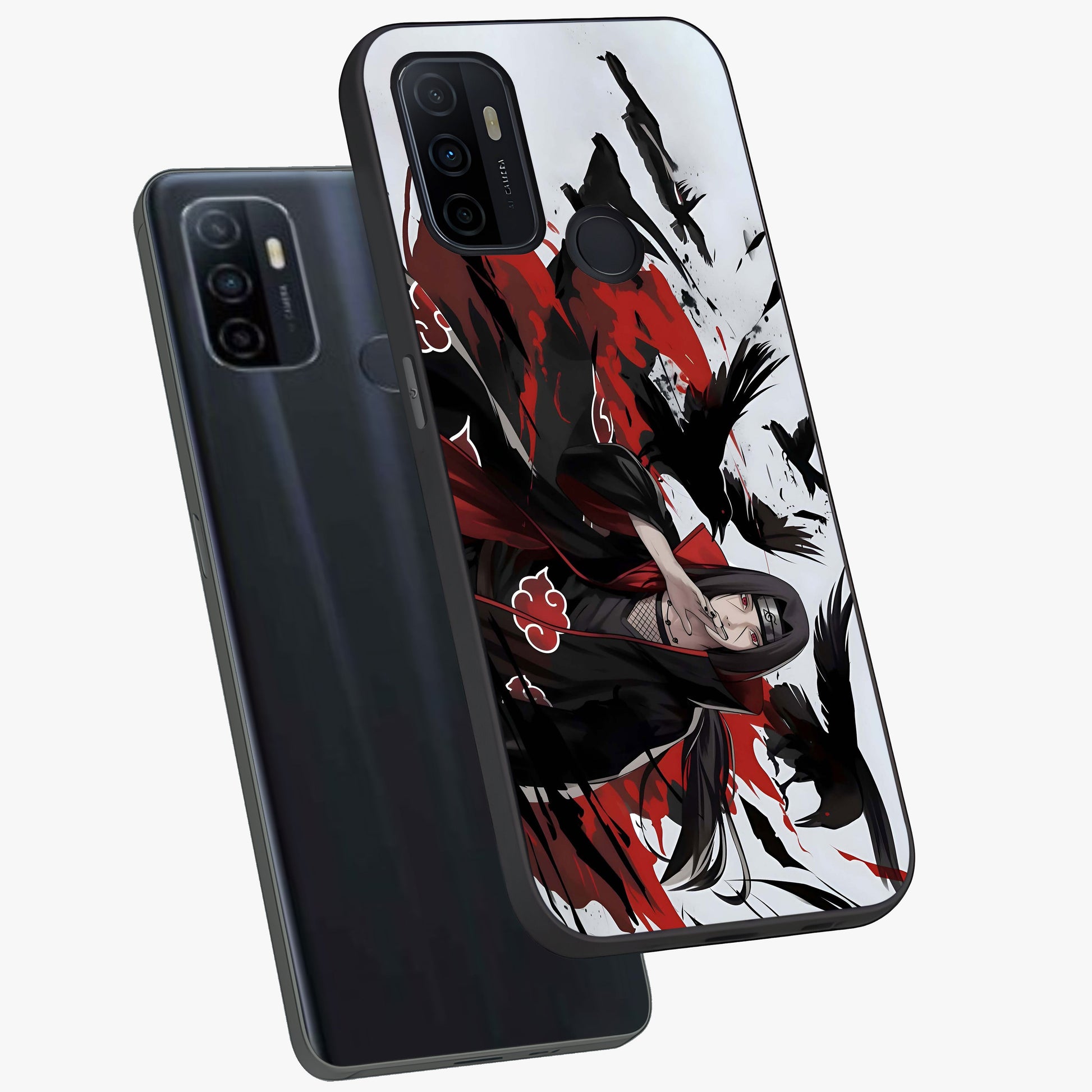 Crimson Crow Illusion Glass Case displayed in angled mockup highlighting mysterious crow graphic with dark aesthetic style.