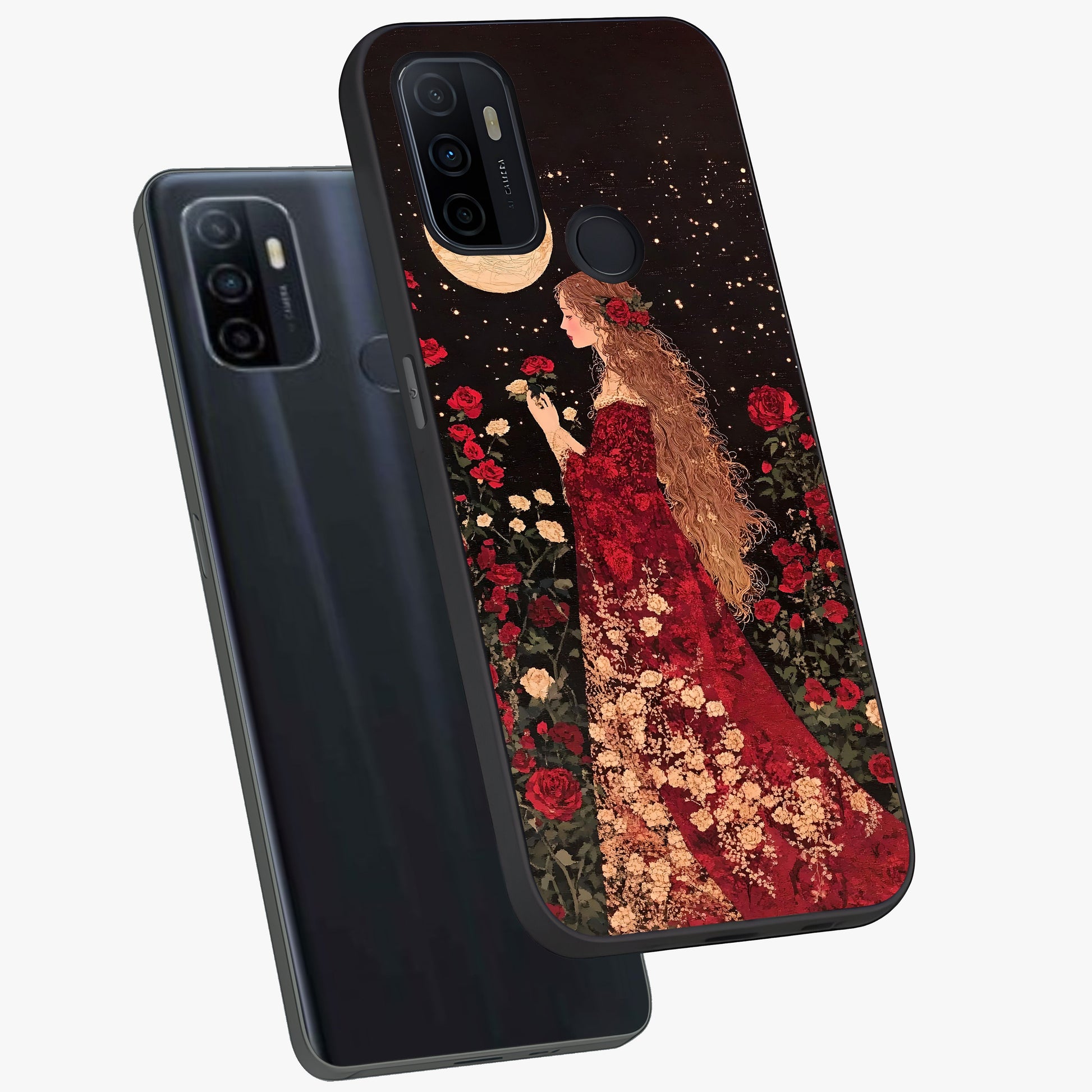 Crimson Dreams Glass Case displayed in angled mockup highlighting soft crimson aesthetic design with artistic theme.