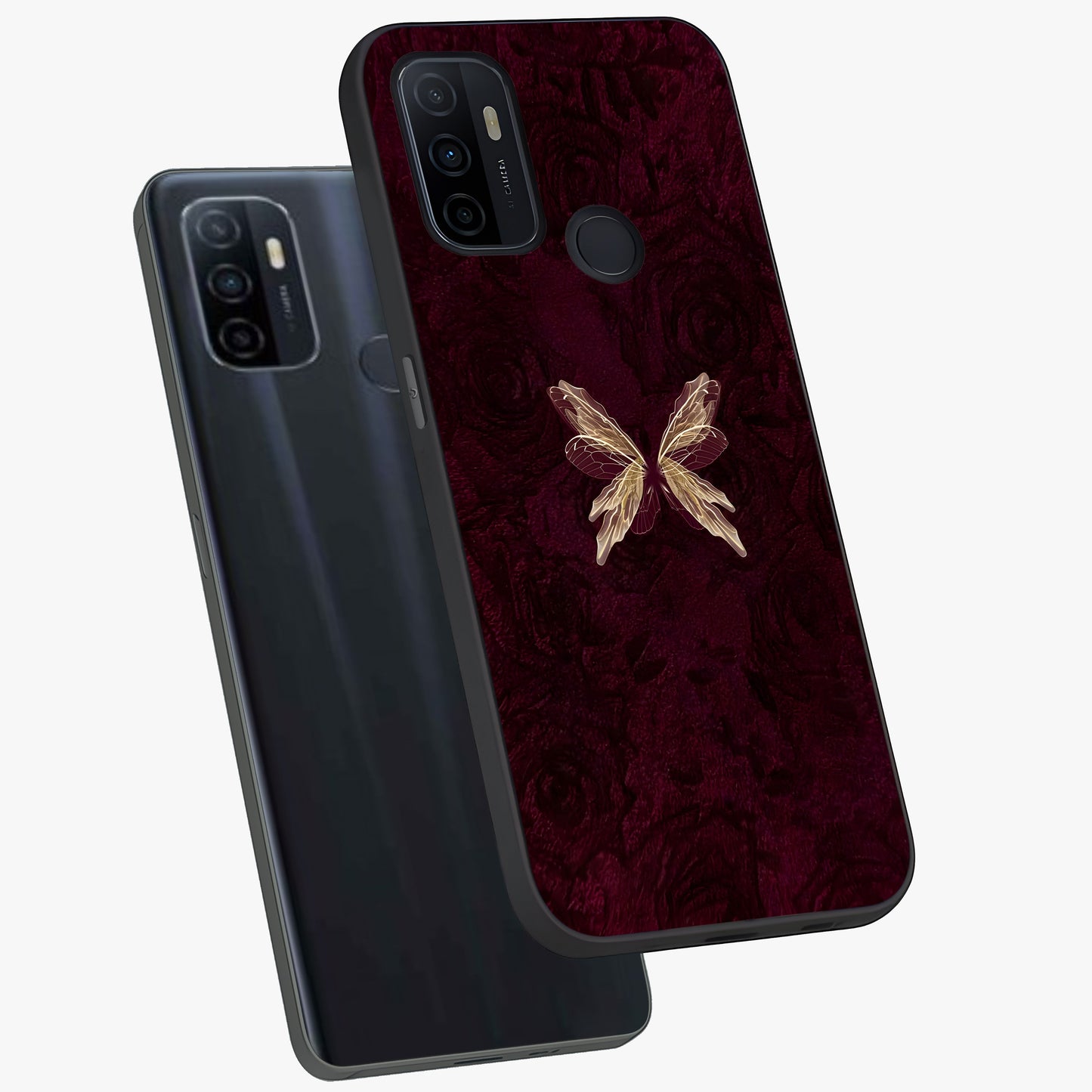 Crimson Fade Butterfly Glass Case displayed in angled mockup highlighting elegant butterfly design with crimson gradient aesthetic.