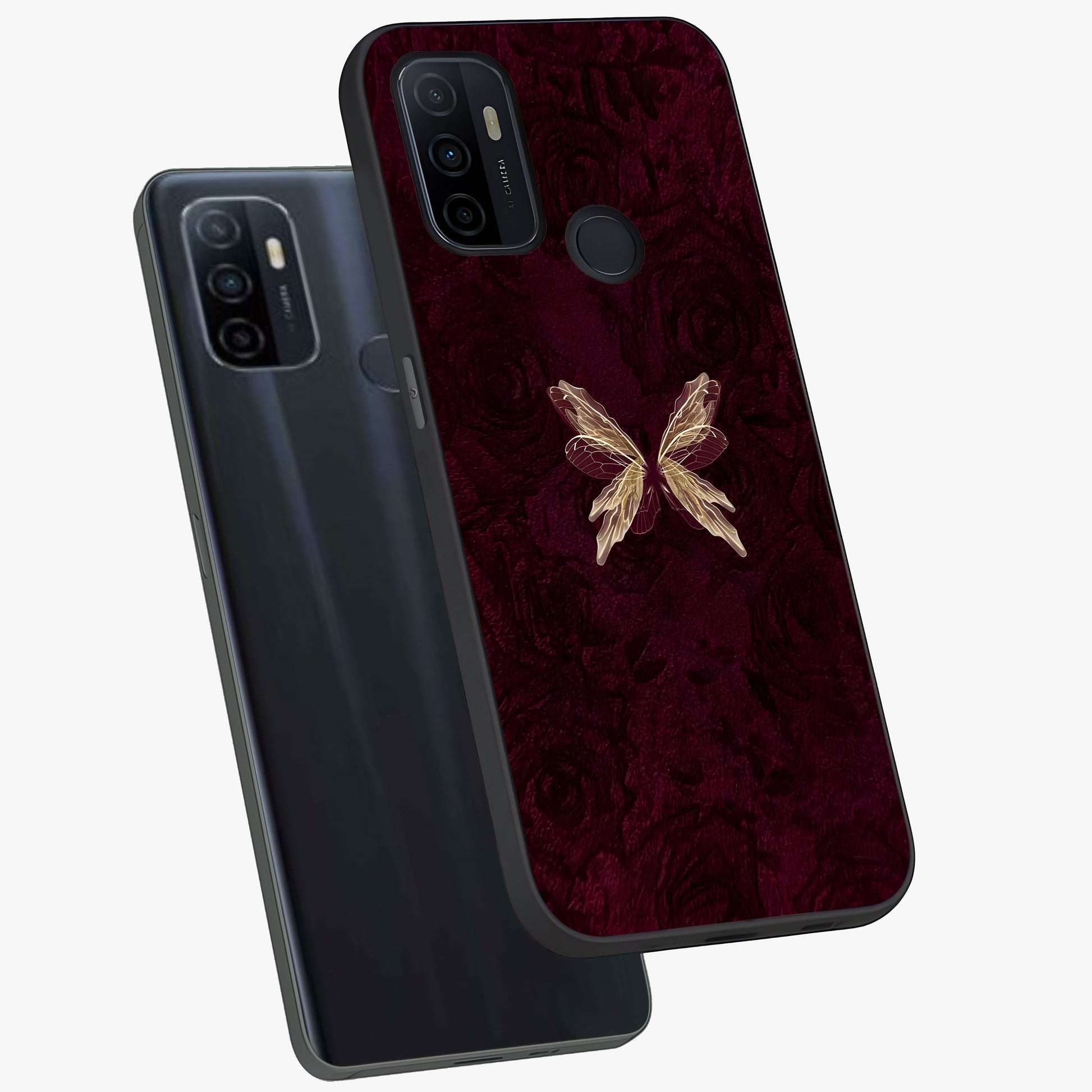 Crimson Fade Butterfly Glass Case displayed in angled mockup highlighting elegant butterfly design with crimson gradient aesthetic.