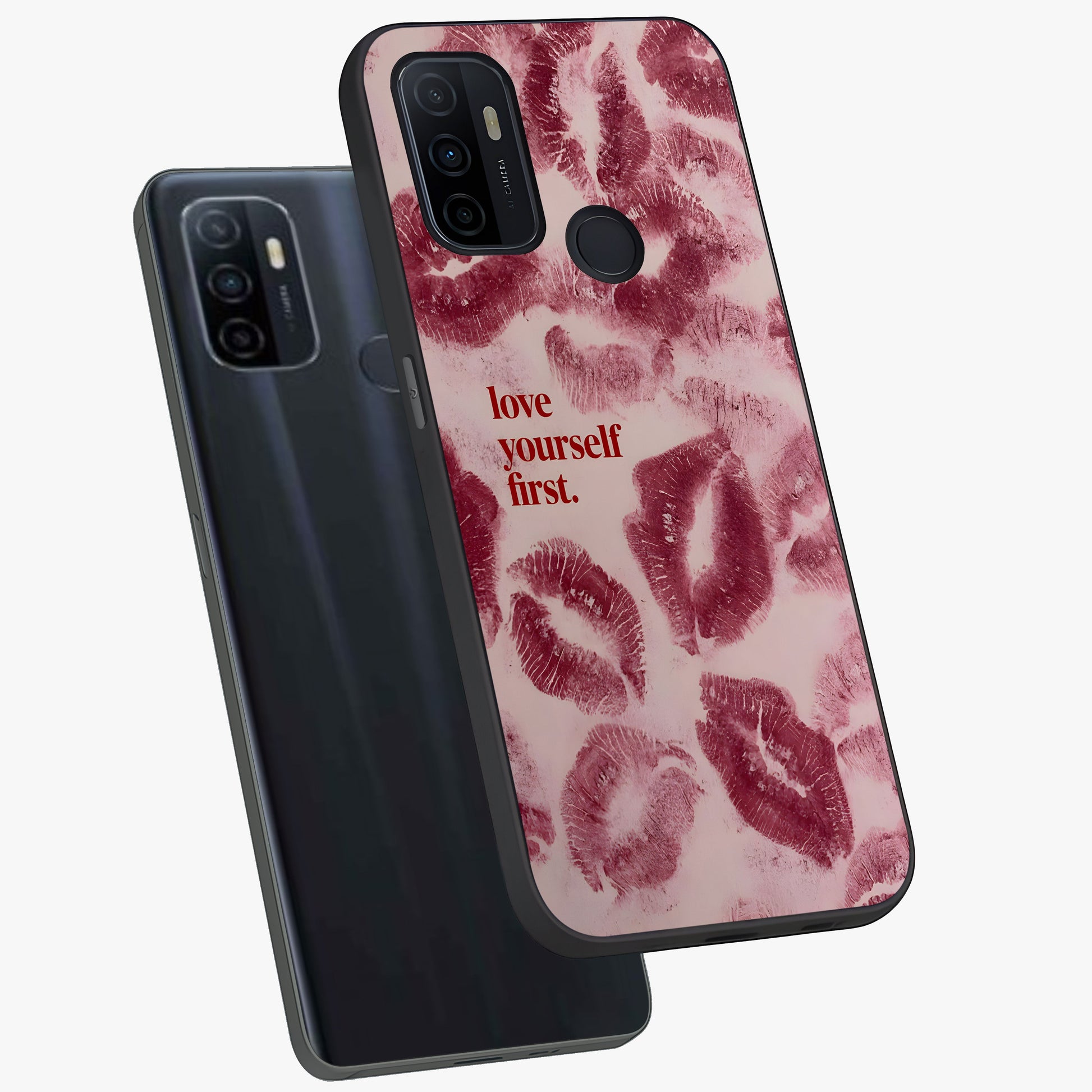 Crimson Kiss Love Glass Case displayed in angled mockup highlighting bold love inspired design with modern aesthetic style.