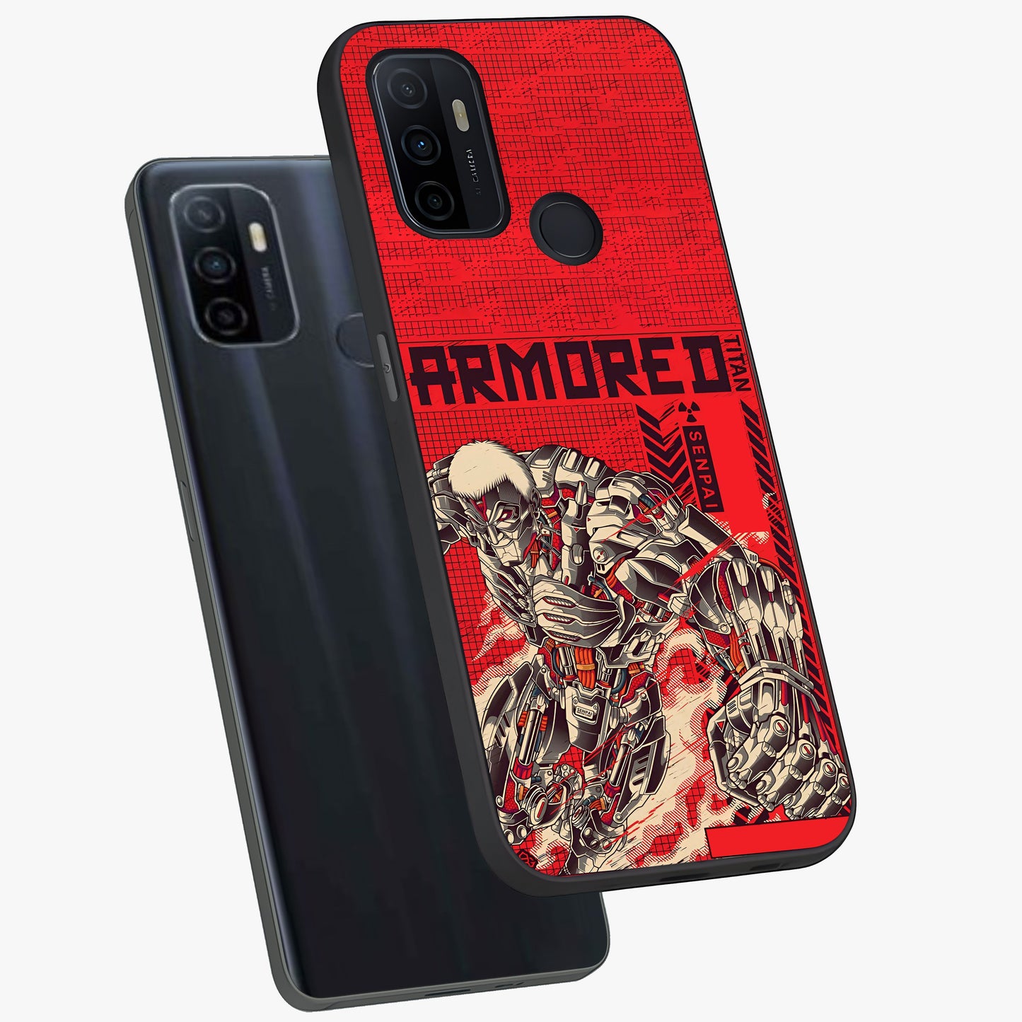 Crimson Mecha Titan Glass Case displayed in angled mockup highlighting futuristic mech illustration with bold crimson aesthetic.