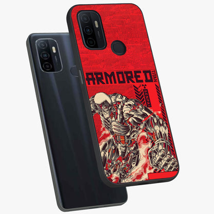 Crimson Mecha Titan Glass Case displayed in angled mockup highlighting futuristic mech illustration with bold crimson aesthetic.