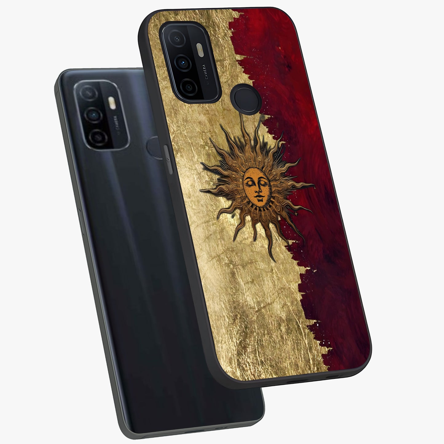 Crimson Sun Majesty Glass Case displayed in angled mockup highlighting majestic crimson sun design with bold aesthetic style.