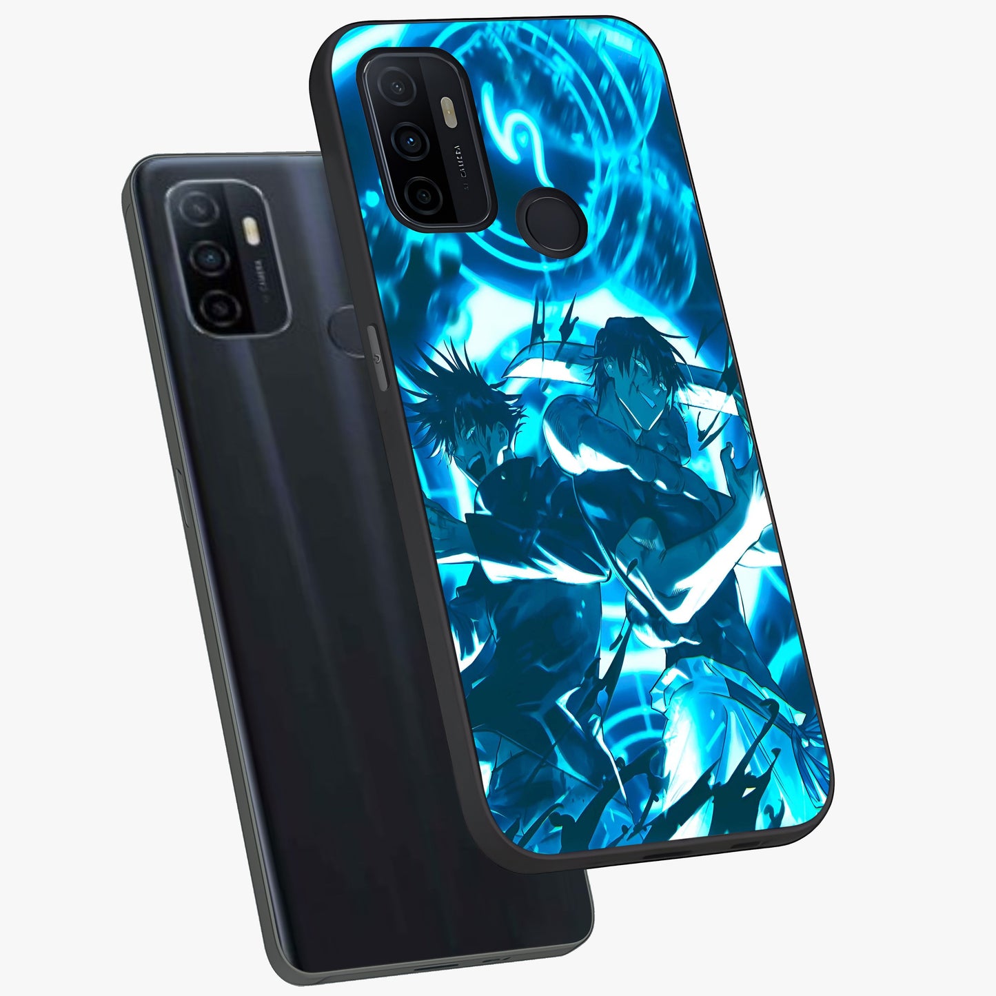 Cursed Energy Clash Glass Case displayed in angled mockup highlighting powerful battle inspired graphic with anime style aesthetic.