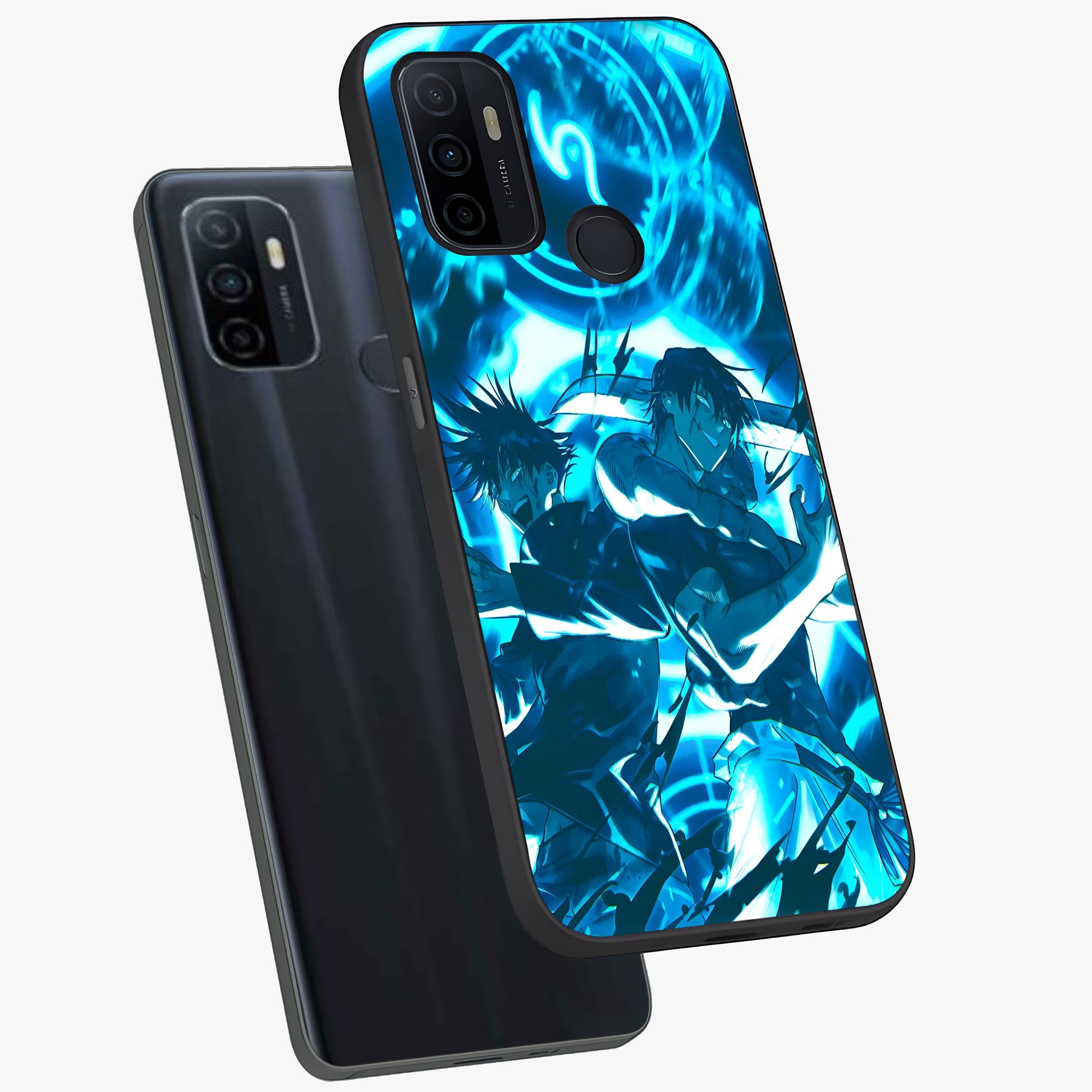 Cursed Energy Clash Glass Case displayed in angled mockup highlighting powerful battle inspired graphic with anime style aesthetic.