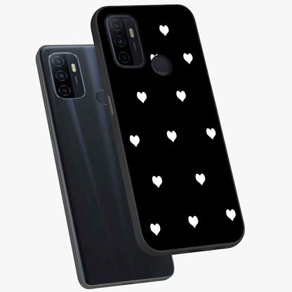 Cute And Simple White Hearts Glass Case displayed in angled mockup highlighting cute heart design with clean aesthetic style.