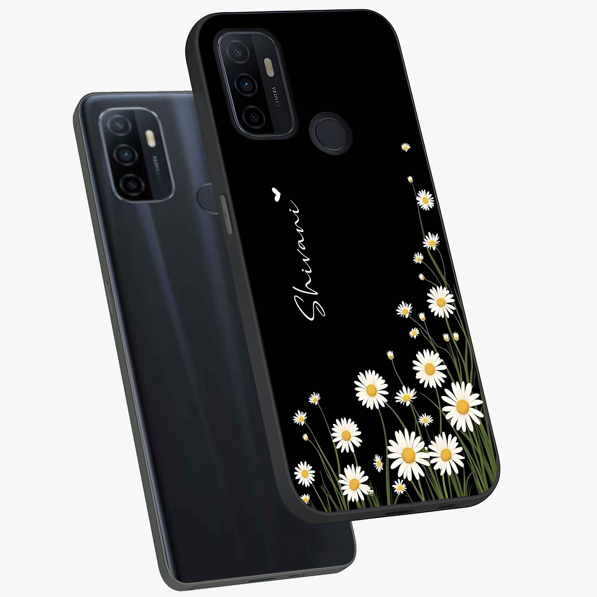Daisy Cascade Custom Name Glass Case displayed in angled mockup highlighting delicate daisy artwork with custom name feature.