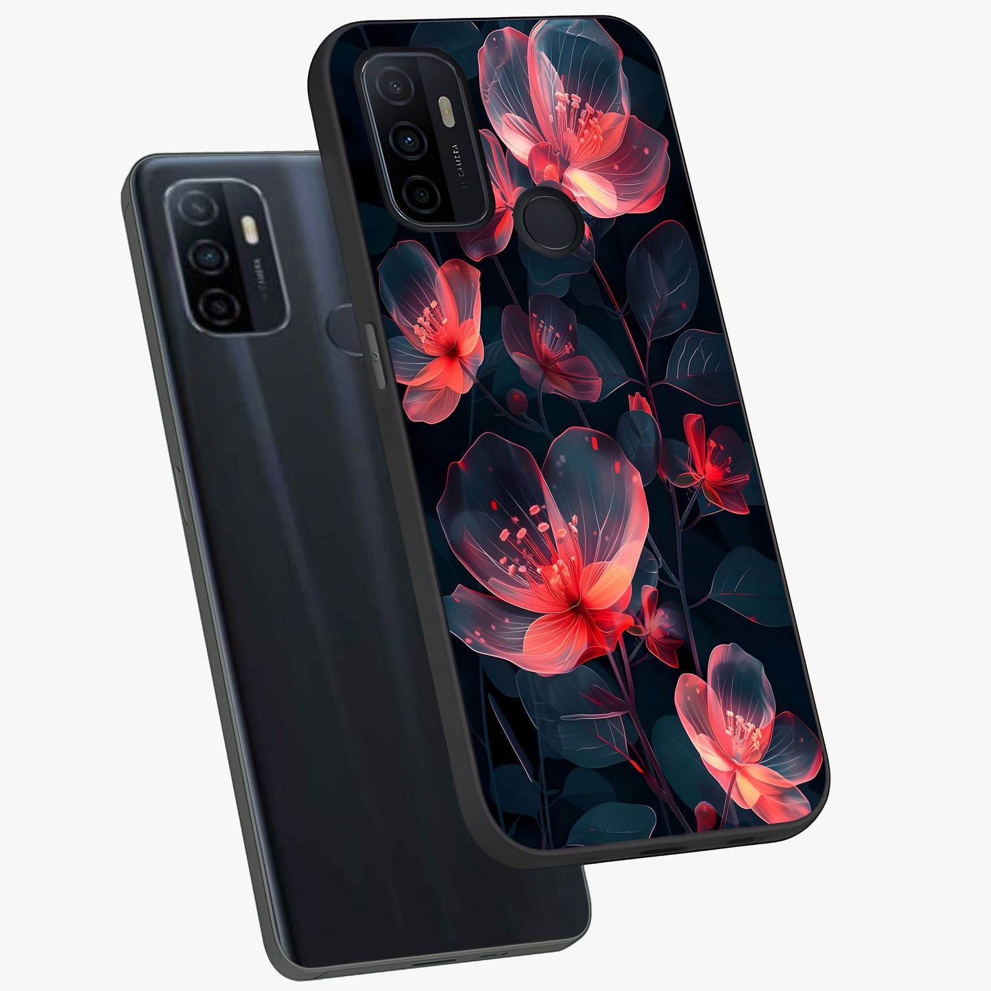 Dark Shade of Flower Glass Case displayed in angled mockup highlighting moody floral illustration with aesthetic dark tones.