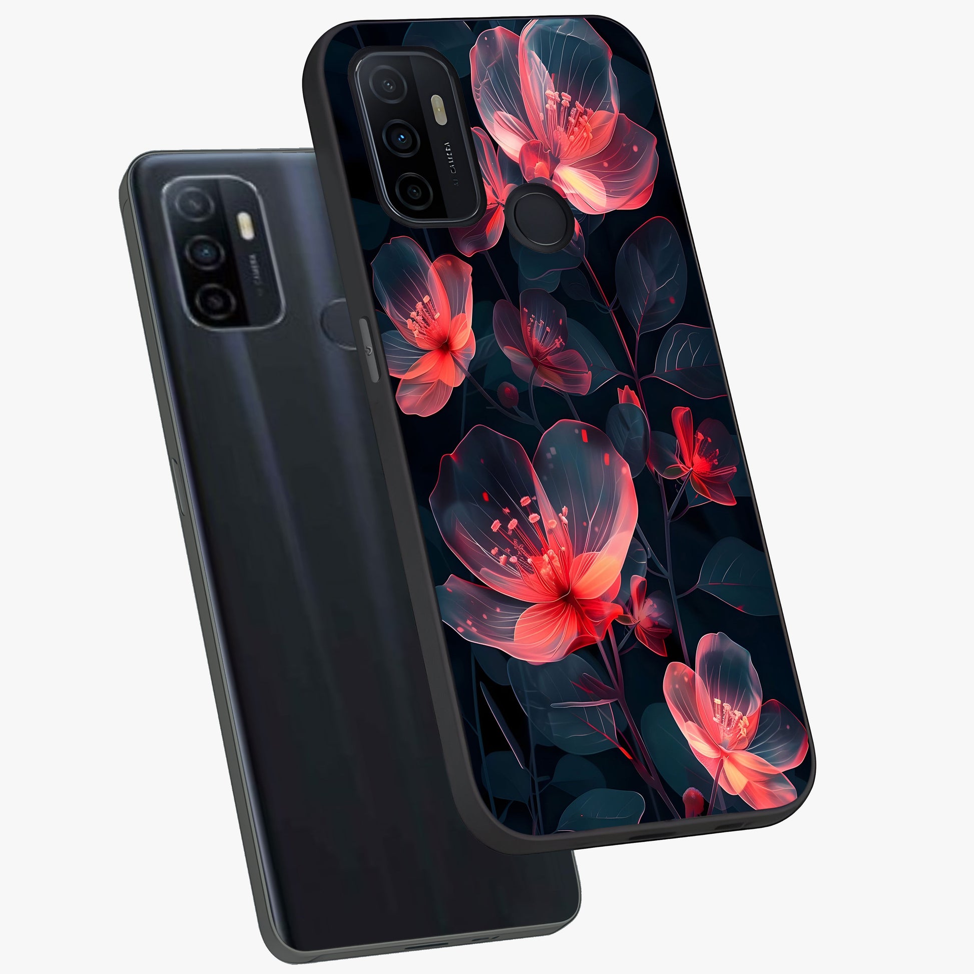 Dark Shade of Flower Glass Case displayed in angled mockup highlighting moody floral illustration with aesthetic dark tones.